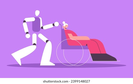 Robot Nurse with old lady. Mechanical caregiver and elderly disabled person in a wheelchair on a walk. Futuristic care for the elderly, robot assistant for the disabled. Mutual support.