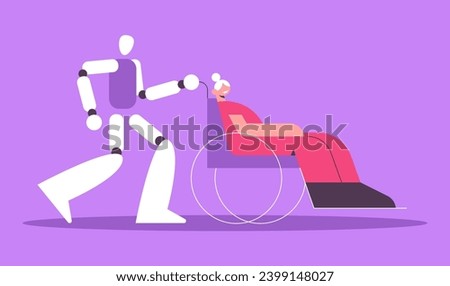 Robot Nurse with old lady. Mechanical caregiver and elderly disabled person in a wheelchair on a walk. Futuristic care for the elderly, robot assistant for the disabled. Mutual support.