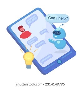 Robot offering help to man on phone screen vector illustration. Virtual assistant advising client via chat messenger app on smartphone. Online customer support, AI, chatbot conversation concept
