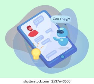 Robot offering help to man on phone screen vector illustration. Virtual assistant advising client via chat messenger app on smartphone. Online customer support, AI, chatbot conversation concept