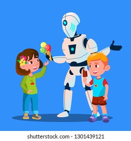 Robot Offering Ice-Cream To Kids Vector. Isolated Illustration
