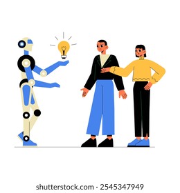 Robot Offering Lightbulb To Human Characters In Flat Vector Illustration Symbolizing Innovation, Artificial Intelligence, And Idea Sharing, Isolated On White Background.