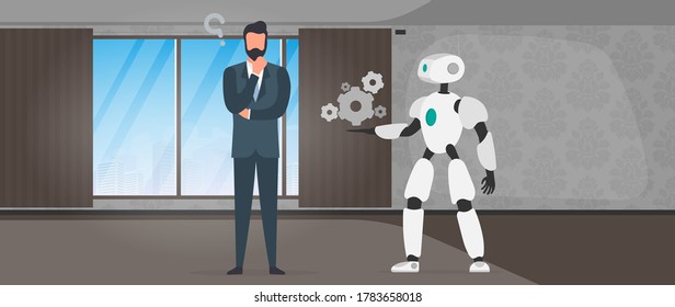 El robot ofrece una solución. Empresario con una pregunta. El concepto de equipo de personas y robots. Vector.