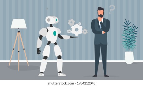 El robot ofrece una solución. Empresario con una pregunta. El concepto de equipo de personas y robots. Vector.