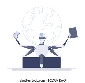 Robot in office. Artificial intelligence works faster and better than human. Deadline and multitasking idea. Modern robotic technology concept. Vector illustration