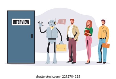 Robot and office people standing waiting in line employment concept. Vector graphic design illustration
