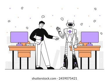 Robot in office simple. Man with cyborg at workplace. Automatization of business processes. Organization of effective work process. Doodle flat vector illustration isolated on white background