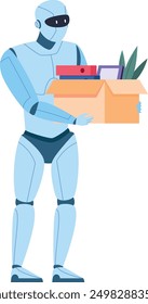 Robot with office stuff box. Employing android illustration isolated on white background