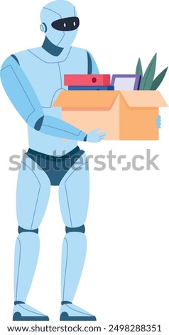 Robot with office stuff box. Employing android illustration isolated on white background