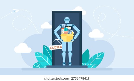 Robot con caja de cosas de oficina cerca de la puerta cerrada. Trabajador de oficina de IA que acaba de ser despedido. Robot con inteligencia artificial que acaba de ser despedido. Ilustración vectorial