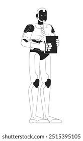Ilustração da linha preta e branca do trabalhador do escritório do robô. Robótica empata funcionário segurando papelada 2D caractere linear isolado. Imagem de contorno de vetor monocromático de tecnologia de assistente corporativo futurista