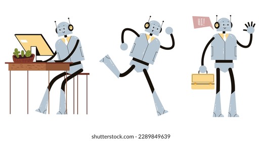 Robot office worker isolated set concept. Vector cartoon graphic design element illustration
