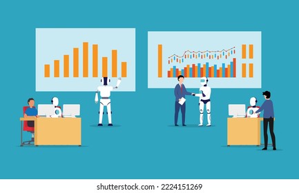 Trabajadores de oficinas de robots - Robots y humanos trabajando juntos concepto de ilustración de dos vectores para banner, sitio web, ilustración, página de aterrizaje, volante, etc