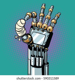Robot OK okay gesture hand broken bandaged finger, pop art retro vector illustration