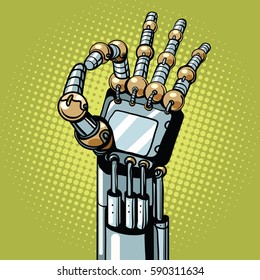 Robot OK okay gesture hand pop art retro vector illustration. Prosthetics and medicine