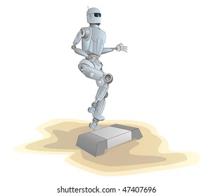 robot on a beach make step-aerobic activity	,vector image isolated on white 	 	 	 	 	 	 	 	