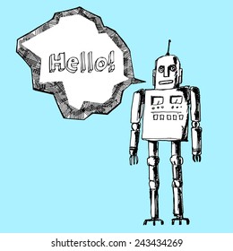 Robot on a blue background. Vector design.