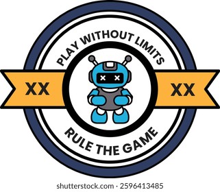 A robot is on a blue and white sticker that says "Play without limits". The sticker is circular and has a yellow ribbon around it
