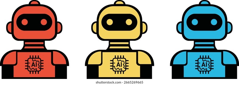 Robô com "IA" em seu chip no peito, representando robótica humanoide e máquinas inteligentes.