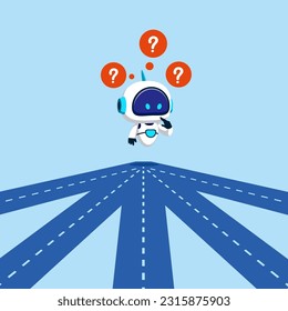 Robot on crossroad choosing future direction to success or business strategy.  Modern vector illustration in flat style