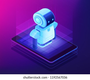 Robot en pantalla de teléfono móvil o tablet. Robótica móvil y bot de chat, inicio de robótica, cursos de robótica y concepto de asistente virtual. Ilustración 3D isométrica del vector de neón ultravioleta.