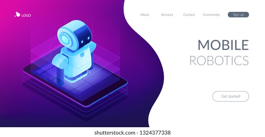 Robot en pantalla de teléfono móvil o tablet. Robótica móvil y bot de chat, inicio de robótica, cursos de robótica y concepto de asistente virtual. plantilla de página web de aterrizaje de aplicación de sitio web Isometric 3D