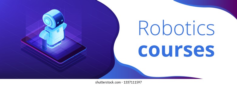 Robot en la pantalla de teléfono móvil o tableta. Robótica móvil y bot de chat, inicio de robótica, cursos de robótica y concepto de asistente virtual. Espacio de copia de plantilla de encabezado de banner 3D isométrico.