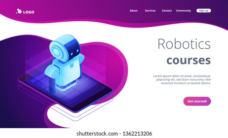 Robot on mobile phone or tablet screen. Mobile robotics and chat bot, robotics startup, robotics courses and virtual assistant concept. Isometric 3D website app landing web page template