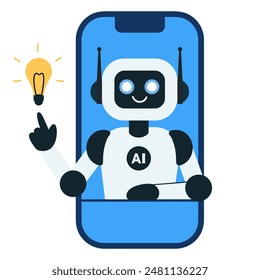 El robot en el teléfono apunta a la bombilla y desarrolla una idea o estrategia de negocio innovadora. 