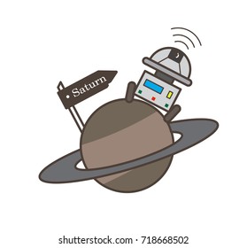 Robot on Saturn Planet Vector Illustration
