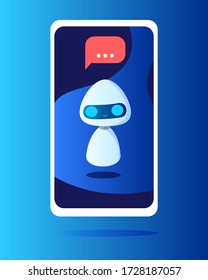 The robot on the screen of the phone with a notification of a new message. Cartoon stock vector illustration.