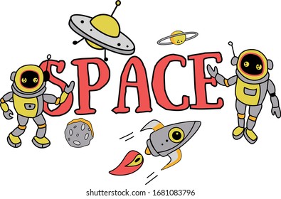 robot on space with space ship and planets