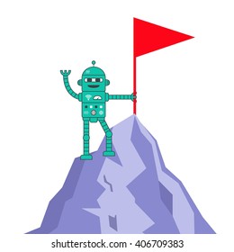 Robot on the Top/ Goal achieving concept, vector infographics