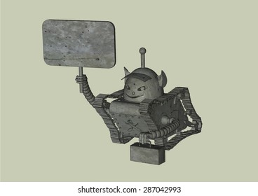 Robot on tracks with a sign and a box isolated multicolored pattern on a grey background