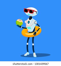 Robot On Vacation With Inflatable Circle And Cocktail Vector. Isolated Illustration