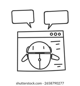 robot on web page and bubble talk illustration in doodle cartoon style