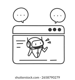 robô na página web e bolha falar ilustração no estilo desenho animado doodle