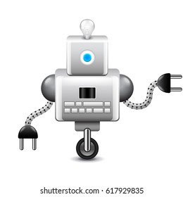 Robot on wheel and with lightbulb isolated photo-realistic vector illustration

