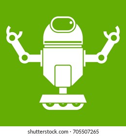 Robot on wheels icon white isolated on green background. Vector illustration