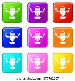 Robot on wheels icons of 9 color set isolated vector illustration