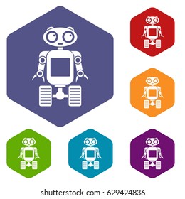 Robot on wheels icons set hexagon isolated vector illustration