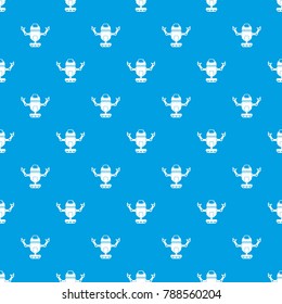 Robot on wheels pattern repeat seamless in blue color for any design. Vector geometric illustration