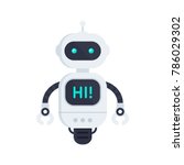 Robot on white. Chatbot icon. Bot say hi on screen. Customer support service chat bot. Flat vector illustration