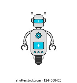 Robot on white. Chatbot icon. Bot say hi on screen. Customer support service chat bot. Flat vector illustration