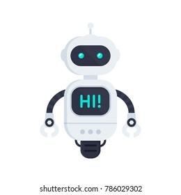 Robot on white. Chatbot icon. Bot say hi on screen. Customer support service chat bot. Flat vector illustration
