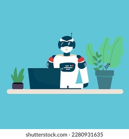 Robot online assistance and machine learning. Flat vector illustration of futuristic robot working with laptop for coding or developing project. Chatbot texting and supporting customers in live chat
