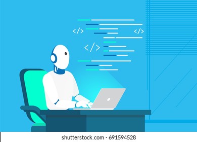 Robot online assistance and machine learning. Flat vector illustration of futuristic robot working with laptop for coding or developing project. Chatbot texting and supporting customers in live chat