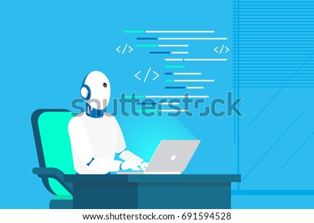 Robot online assistance and machine learning. Flat vector illustration of futuristic robot working with laptop for coding or developing project. Chatbot texting and supporting customers in live chat
