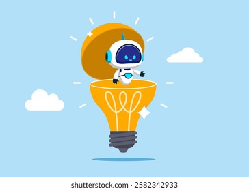 Robot open lightbulb idea to see business vision. Creativity to help see business opportunity, vision to discover new solution or idea, curiosity, searching for success in technology.