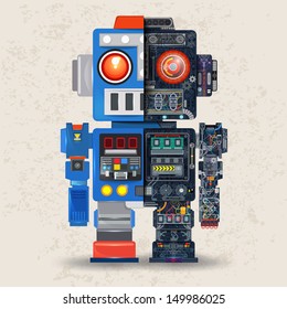 Robot opened to reveal cogs inside, Eletronic board in shape of Robot, Vector illustration